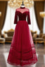 A-Line Burgundy Tulle Velvet High Neck Long Sleeve Formal Prom Dresses