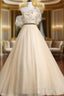 A-line Champagne One Shoulder Formal Prom Dresses, Long Party Dresses