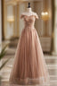 A-Line Champagne Tulle Beading Sequins Formal Prom Dresses