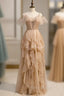 A-Line Champagne Tulle V-neck Pleats Formal Prom Dresses