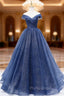 A-Line Dark Blue Tulle Long Formal Prom Dresses, Blue Formal Evening Dresses