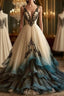 A-Line Deep V Neck Tulle Long Formal Prom Dresses Embroidered Applique Evening Dresses