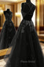A Line Floor Length Black Tulle Lace Formal Prom Dresses