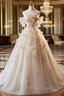 A-line Floral Champagne Tulle Long Formal Prom Dresses, Elegant A-Line Formal Evening Dresses