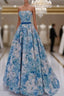 A-Line Flower Satin Blue Long Formal Prom Dresses, Blue Long Formal Dresses