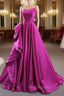 A-line Fuchsia Satin Strapless Pleats Formal Prom Dresses