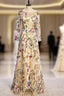 A-Line Gold Tulle Embroidery Long Sleeve Formal Prom Dresses