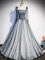 A Line Gray Long Formal Prom Dresses, Tulle Gray Formal Graduation Dresses with Beading