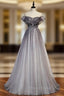 A-Line Gray Tulle Beading Cap Sleeve Formal Prom Dresses