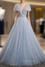 A-Line Gray Tulle Sequins Formal Prom Dresses