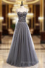 A-Line Gray Tulle Spagehtti Straps Sequins Formal Prom Dresses