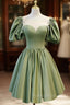 A-Line Green Puffy Sleeve Satin Short Formal Prom Dresses, Green Short Formal Dresses