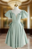 A-Line Green Puffy Sleeve Short Formal Prom Dresses, Green Formal Dresses
