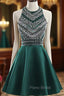 A-Line Green Satin Crystal Short Homecoming Dresses