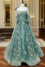 A-Line Green Tulle Embroidery Straps Formal Prom Dresses