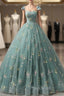 A-Line Green Tulle Lace Long Formal Prom Dresses, Green Formal Evening Dresses