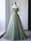 A-Line Green Tulle Long Formal Prom Dresses, Green Formal Evening Dresses