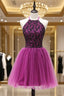 A-line Halter Short Mini Flowers Appliques Lace Beaded Elegant Short Cocktail Dresses
