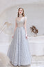 A Line Jewel Neck Floor Length Sleeveless Zipper Prom Dresses