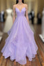 A-Line Lavender Shiny Tulle Formal Prom Dresses, Long Spaghetti Strap Evening Dresses