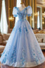 A-Line Light Blue Tulle With Lace Short Sleeves Formal Prom Dresses, Tulle Sweet 16 Dresses