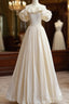 A-Line Off Shoulder Beige Taffeta Long Formal Prom Dresses, Beige Formal Evening Dresses