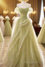 A Line Off Shoulder Green Tulle Long Formal Prom Dresses