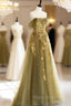 A-Line Off Shoulder Long Formal Prom Dresses, Green Tulle Formal Evening Dresses