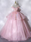 A-Line Off Shoulder Organza Lace Pink Long Formal Prom Dresses. Pink Sweet 16 Dresses