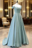 A-Line Off Shoulder Satin Blue Long Formal Prom Dresses, Blue Long Evening Dresses