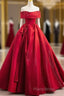 A-Line Off Shoulder Satin Red Ballgown Long Formal Prom Dresses Formal Dresses Floor Length