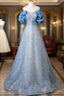 A-Line Off Shoulder Sequin Beads Blue Long Formal Prom Dresses Sparkly Formal Dresses