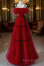 A-Line Off Shoulder Tulle Burgundy Long Formal Prom Dresses, Burgundy Long Formal Dresses