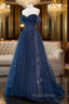 A-Line Off Shoulder Tulle Lace Dark Blue Long Formal Prom Dresses