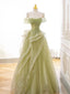 A-Line Off Shoulder Tulle Lace Green Long Formal Prom Dresses, Green Lace Long Formal Dresses