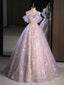 A-Line Off Shoulder Tulle Lace Purple Long Formal Prom Dresses, Purple Formal Dresses