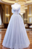 A-Line Off Shoulder Tulle Sequin Gray Long Formal Prom Dresses, Gray Tulle Formal Dresses