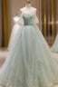 A-Line Off Shoulder Tulle Sequin Green Long Formal Prom Dresses, Green Formal Dresses
