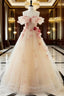 A Line Off the Shoulder Formal Prom Dresses with Flowers, Charming Tulle Party Gown