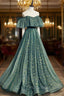 A-Line Off the Shoulder Tulle Long Formal Prom Dresses, Green Evening Party Dresses