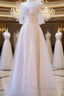 A Line Off The Shoulder Tulle Pink Formal Prom Dresses Evening Dresses