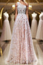 A Line One Shoulder Pink Lace Long Formal Prom Dress, Pink Lace Formal Dress, Pink Evening Dress