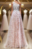 A Line One Shoulder Pink Lace Long Formal Prom Dress, Pink Lace Formal Dress, Pink Evening Dress