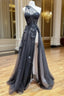A-Line One Shoulder Tulle Black Long Formal Prom Dresses, Black Formal Evening Dresses