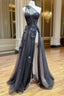 A-Line One Shoulder Tulle Black Long Formal Prom Dresses, Black Formal Evening Dresses