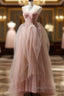 A Line Pink Corset Long Tulle Formal Prom Dresses With Ruffles