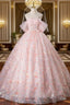 A-Line Pink Flowers Tulle Long Princess Dresses, Off the Shoulder Formal Evening Dresses