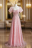 A-line Pink Sequins Short Sleeve Formal Prom Dresses