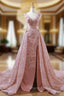A-Line Pink Sequins V-neck Backless Appliques Wedding Dresses