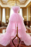 A-line Pink Spaghetti Straps Tulle Backless Wedding Dresses
